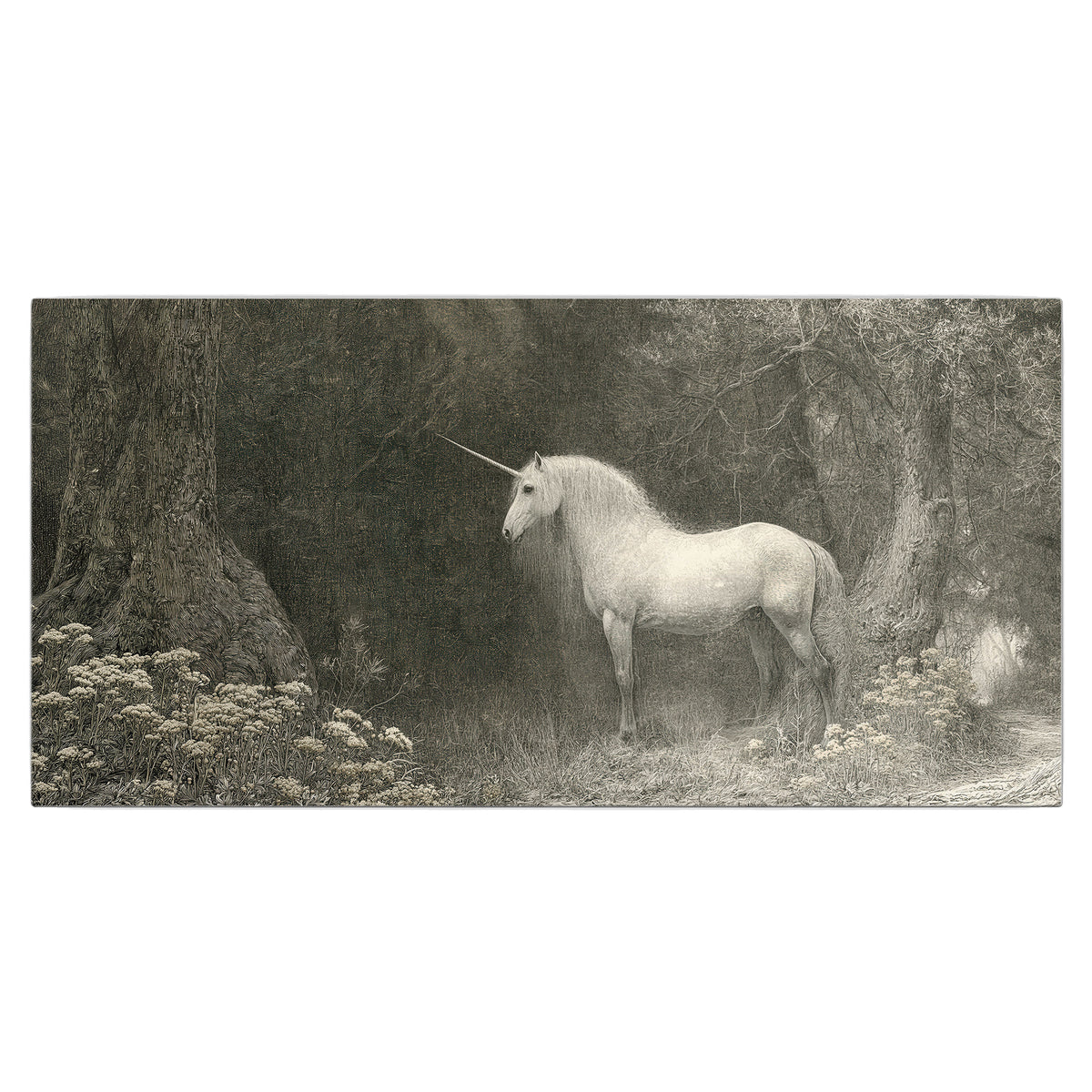 A pale unicorn surrounded by fine gray woodland branches and soft mist single canvas wall art viewed straight on