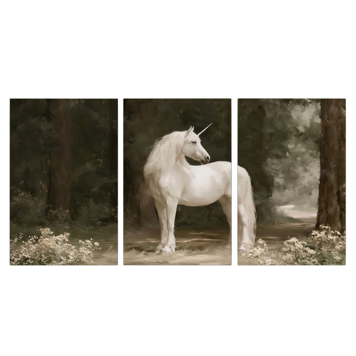 A white unicorn standing in a shadowed forest clearing among dark tree trunks 3 piece canvas wall art viewed straight on