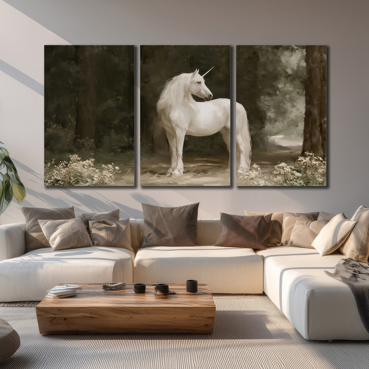 A white unicorn standing in a shadowed forest clearing among dark tree trunks 3 piece canvas wall art displayed in a living room