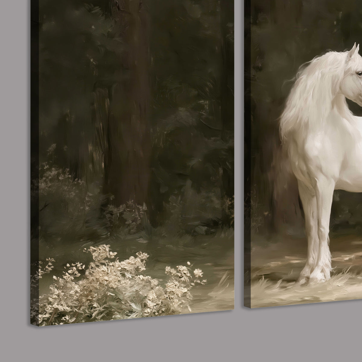 A white unicorn standing in a shadowed forest clearing among dark tree trunks 3 piece canvas wall art room and product view
