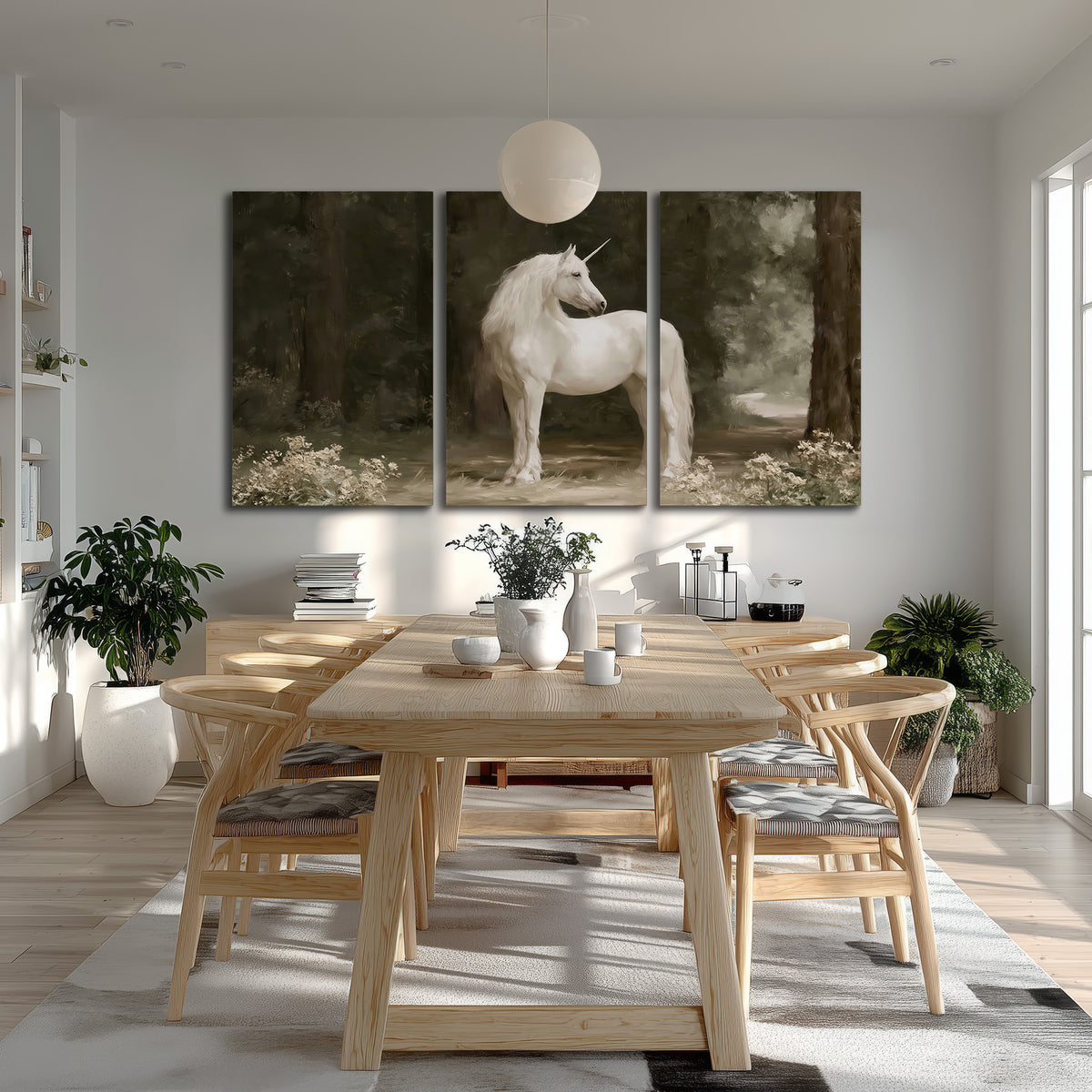 A white unicorn standing in a shadowed forest clearing among dark tree trunks 3 piece canvas wall art room and product view