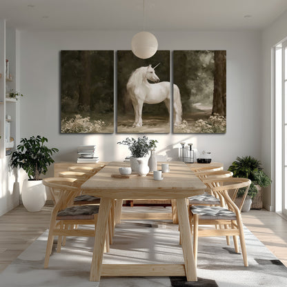 A white unicorn standing in a shadowed forest clearing among dark tree trunks 3 piece canvas wall art room and product view