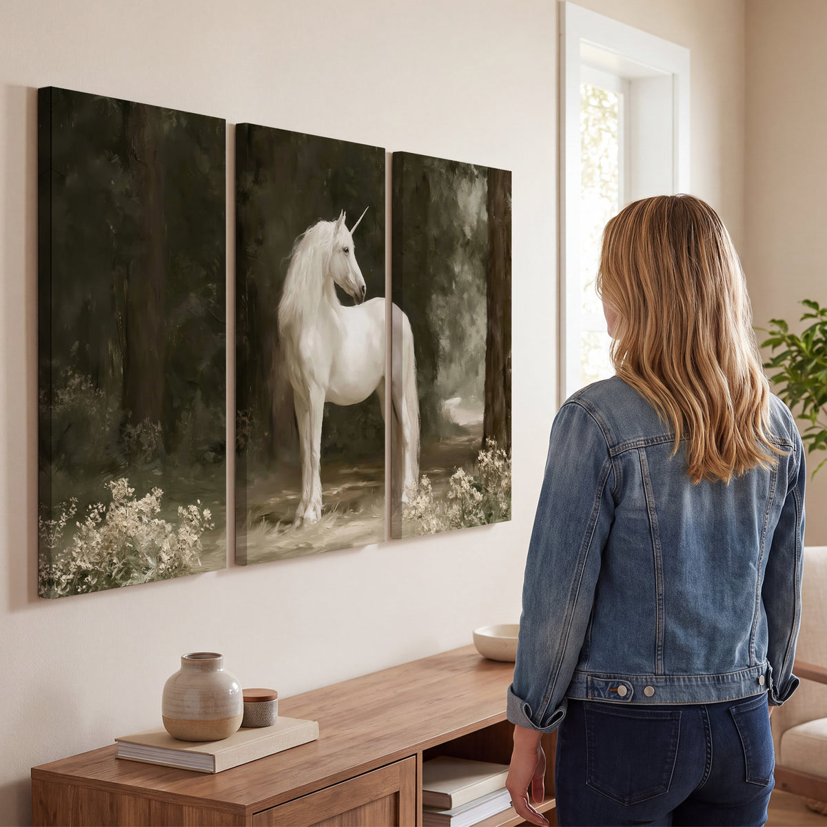 A white unicorn standing in a shadowed forest clearing among dark tree trunks 3 piece canvas wall art three panel arrangement on a wall