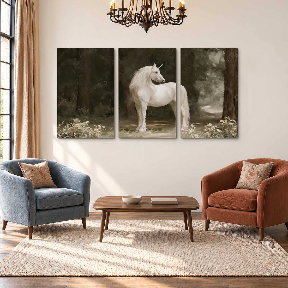 A white unicorn standing in a shadowed forest clearing among dark tree trunks 3 piece canvas wall art styled in an interior