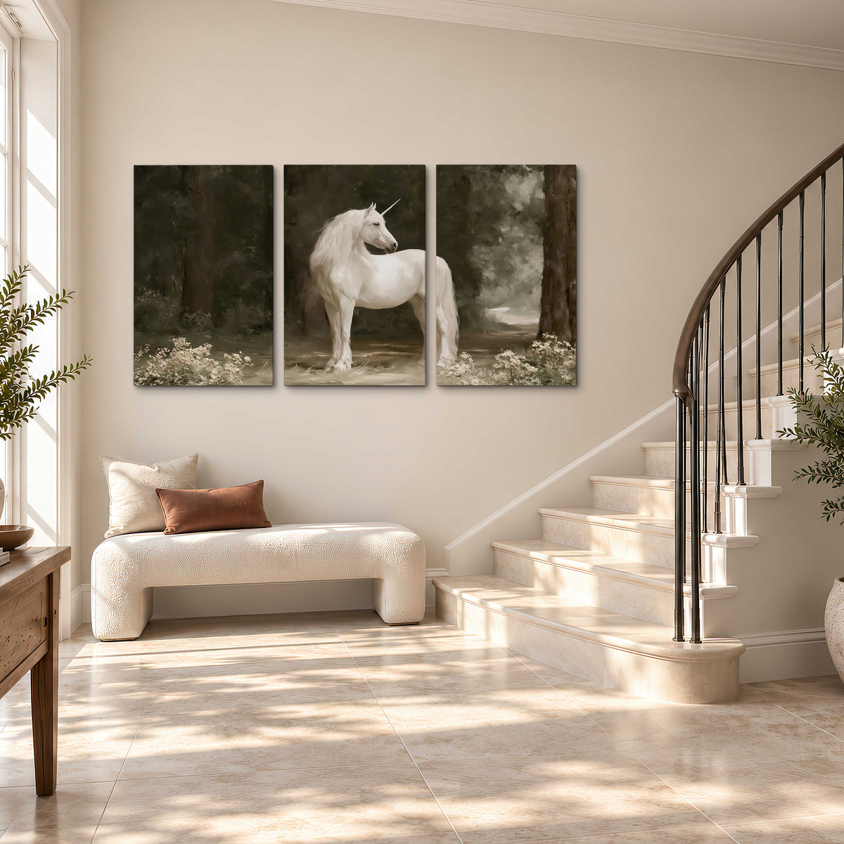 A white unicorn standing in a shadowed forest clearing among dark tree trunks 3 piece canvas wall art styled in an interior