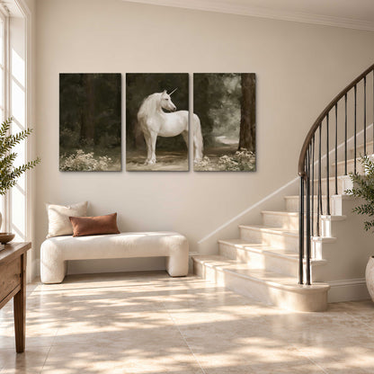 A white unicorn standing in a shadowed forest clearing among dark tree trunks 3 piece canvas wall art styled in an interior