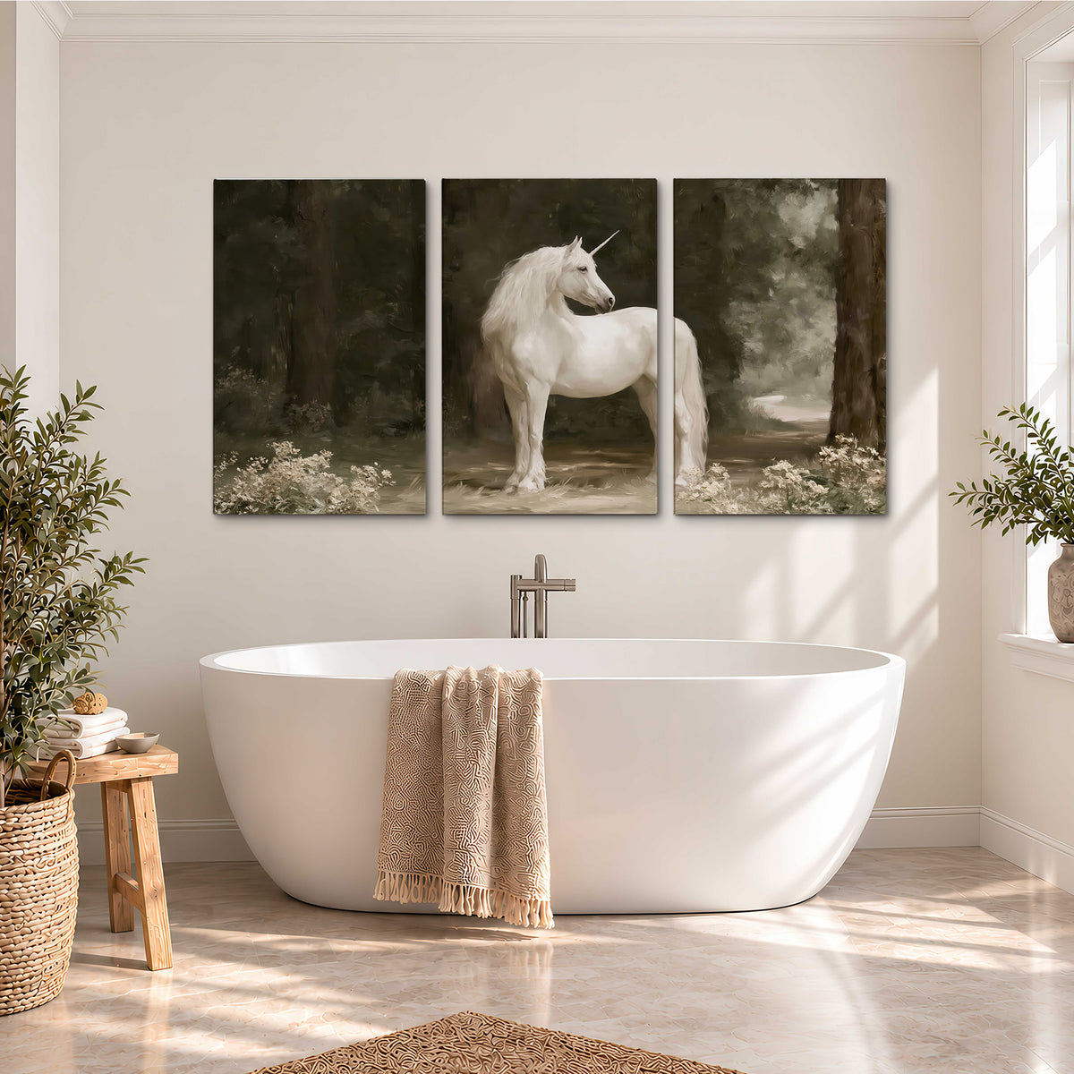 A white unicorn standing in a shadowed forest clearing among dark tree trunks 3 piece canvas wall art styled in an interior
