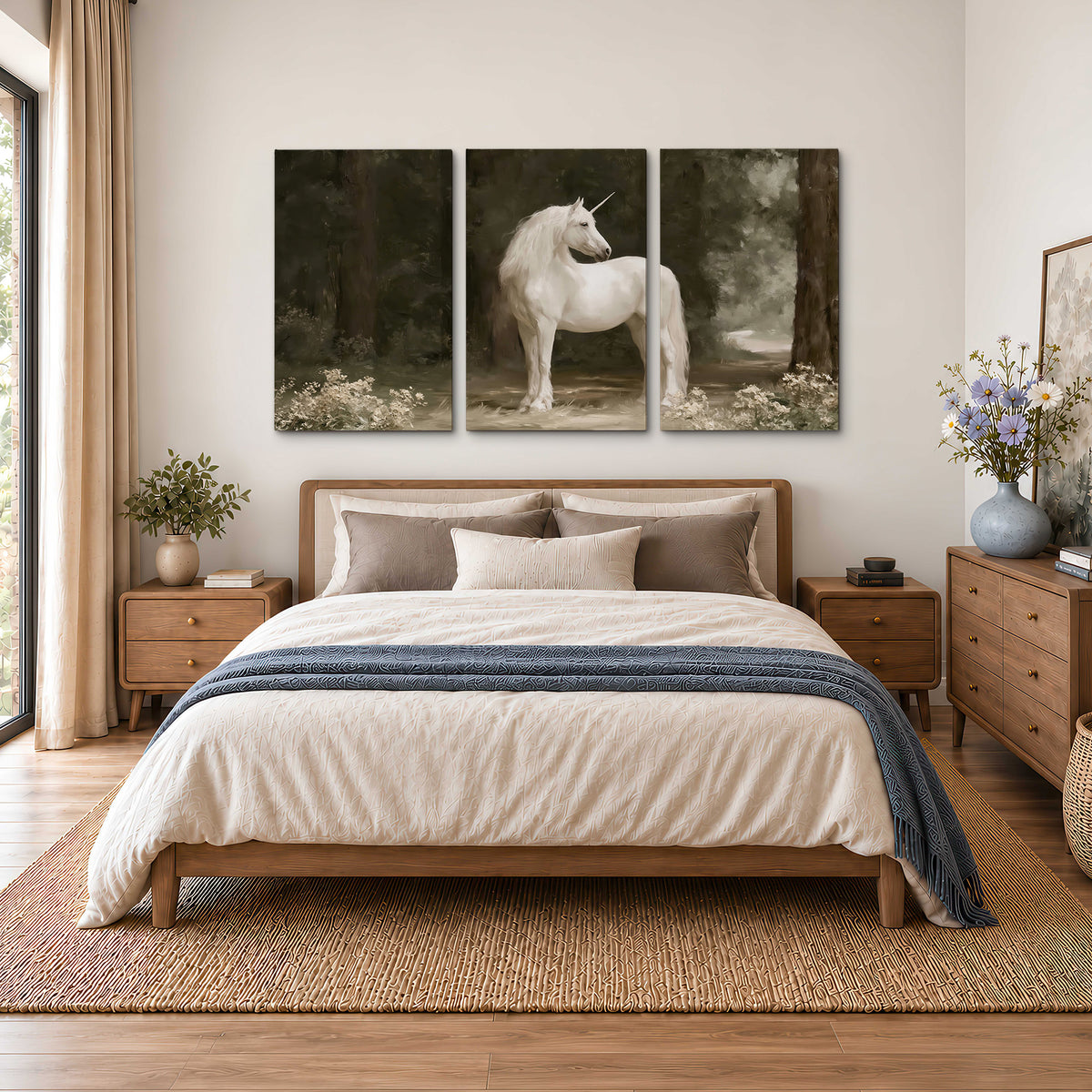 A white unicorn standing in a shadowed forest clearing among dark tree trunks 3 piece canvas wall art styled in an interior