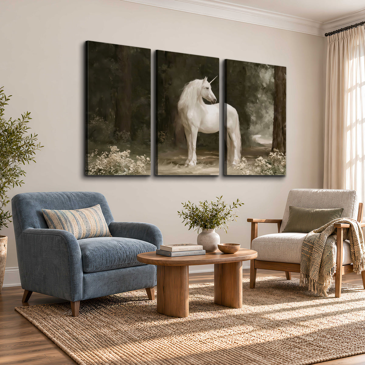 A white unicorn standing in a shadowed forest clearing among dark tree trunks 3 piece canvas wall art styled in an interior