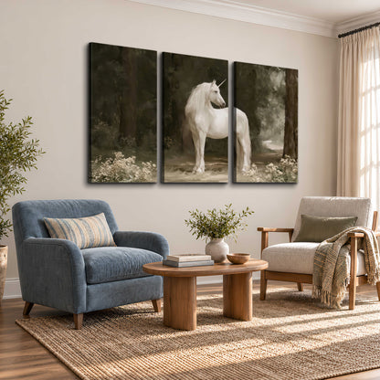 A white unicorn standing in a shadowed forest clearing among dark tree trunks 3 piece canvas wall art styled in an interior