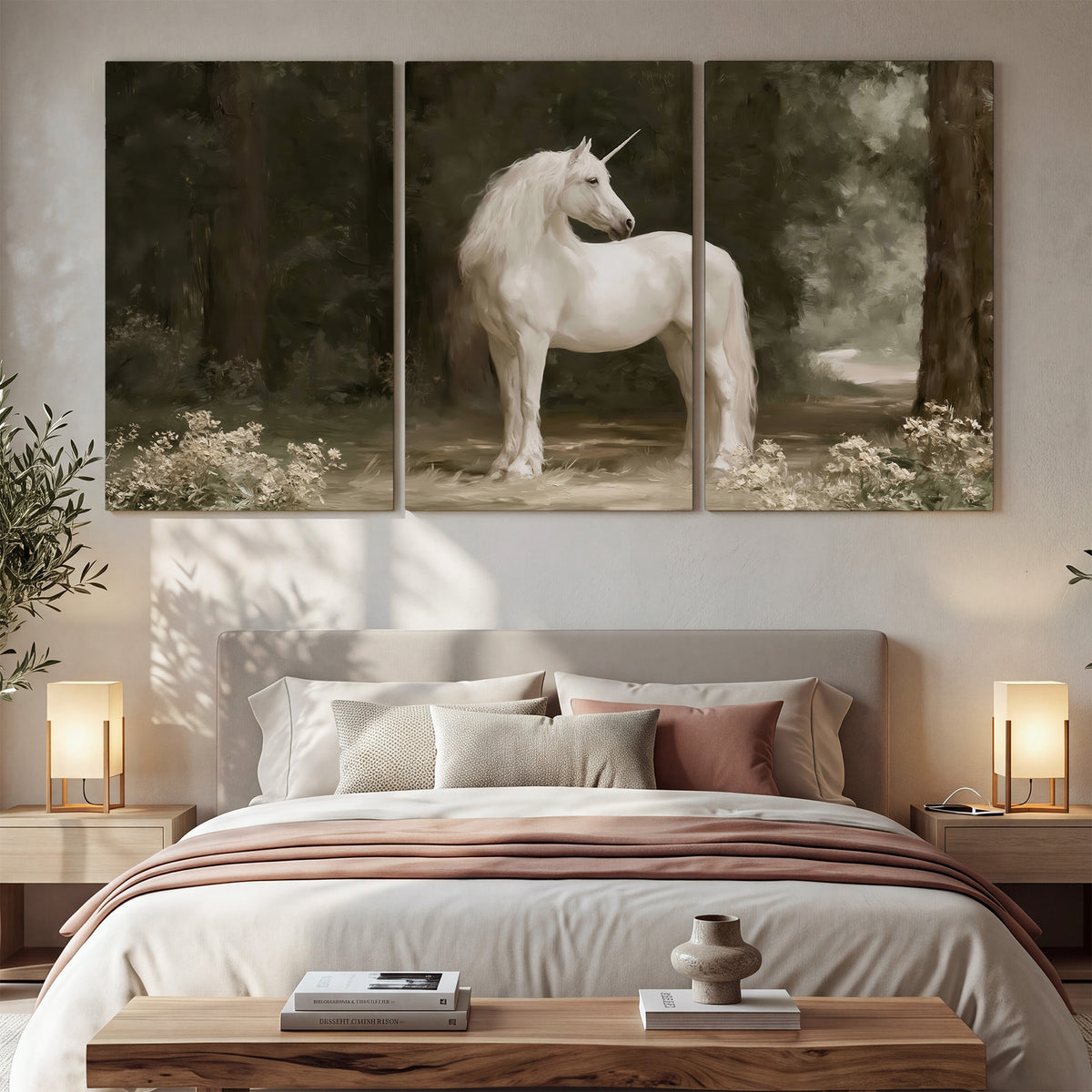 A white unicorn standing in a shadowed forest clearing among dark tree trunks 3 piece canvas wall art displayed in a bedroom