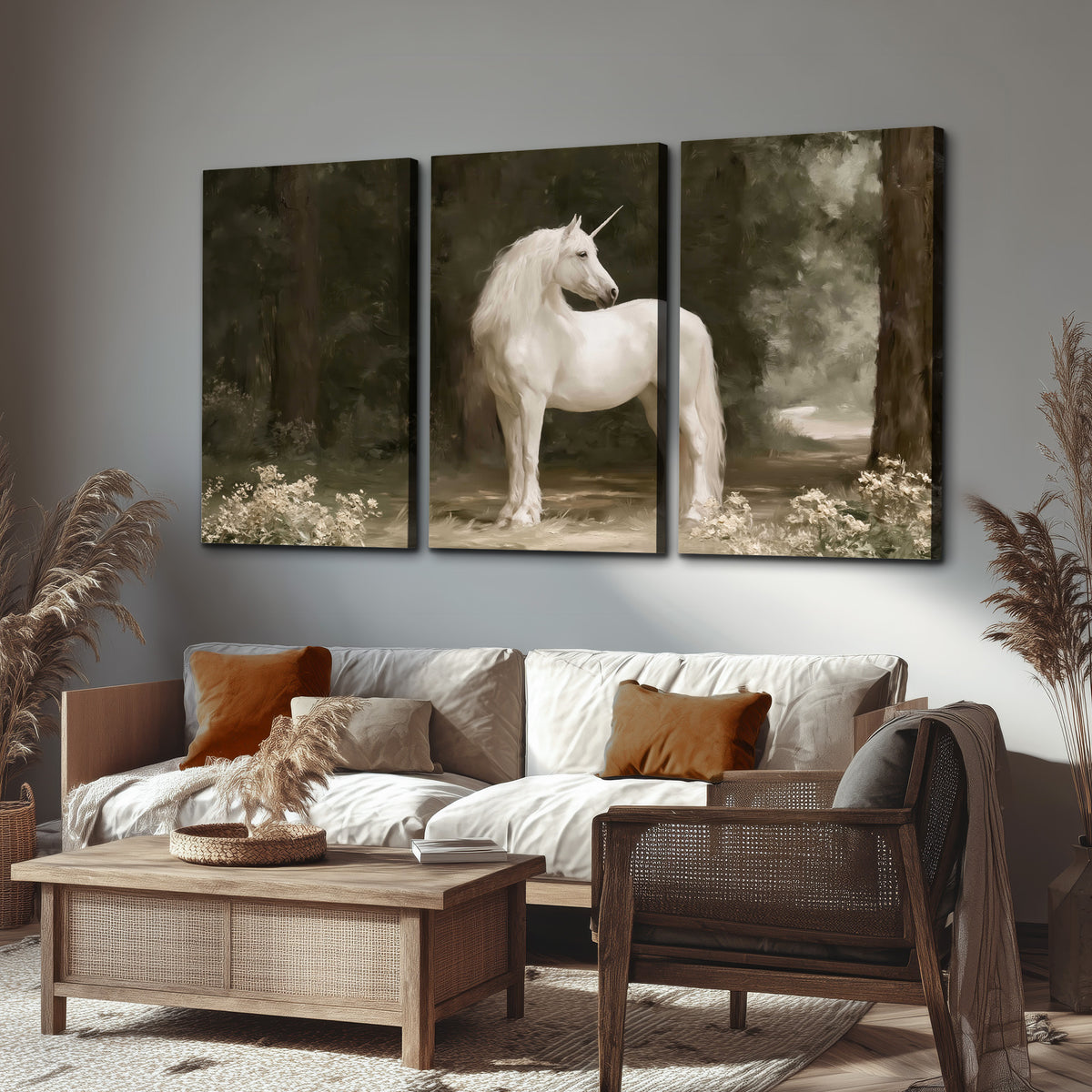 A white unicorn standing in a shadowed forest clearing among dark tree trunks 3 piece canvas wall art displayed in a rustic living room