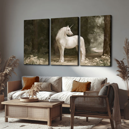 A white unicorn standing in a shadowed forest clearing among dark tree trunks 3 piece canvas wall art displayed in a rustic living room