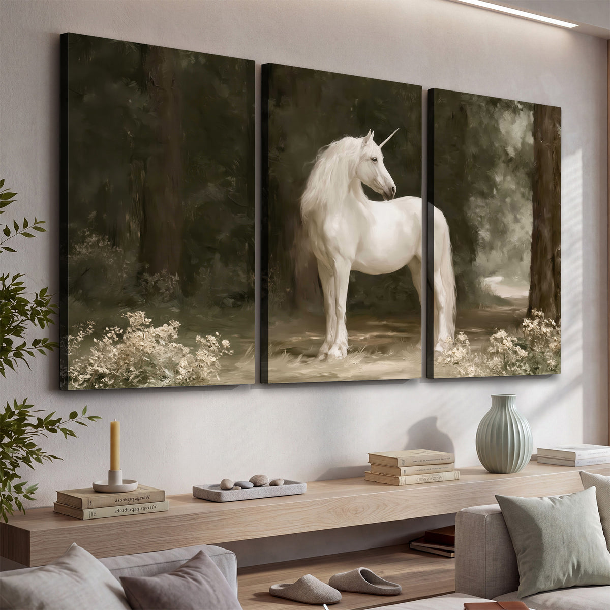 A white unicorn standing in a shadowed forest clearing among dark tree trunks 3 piece canvas wall art displayed in a console