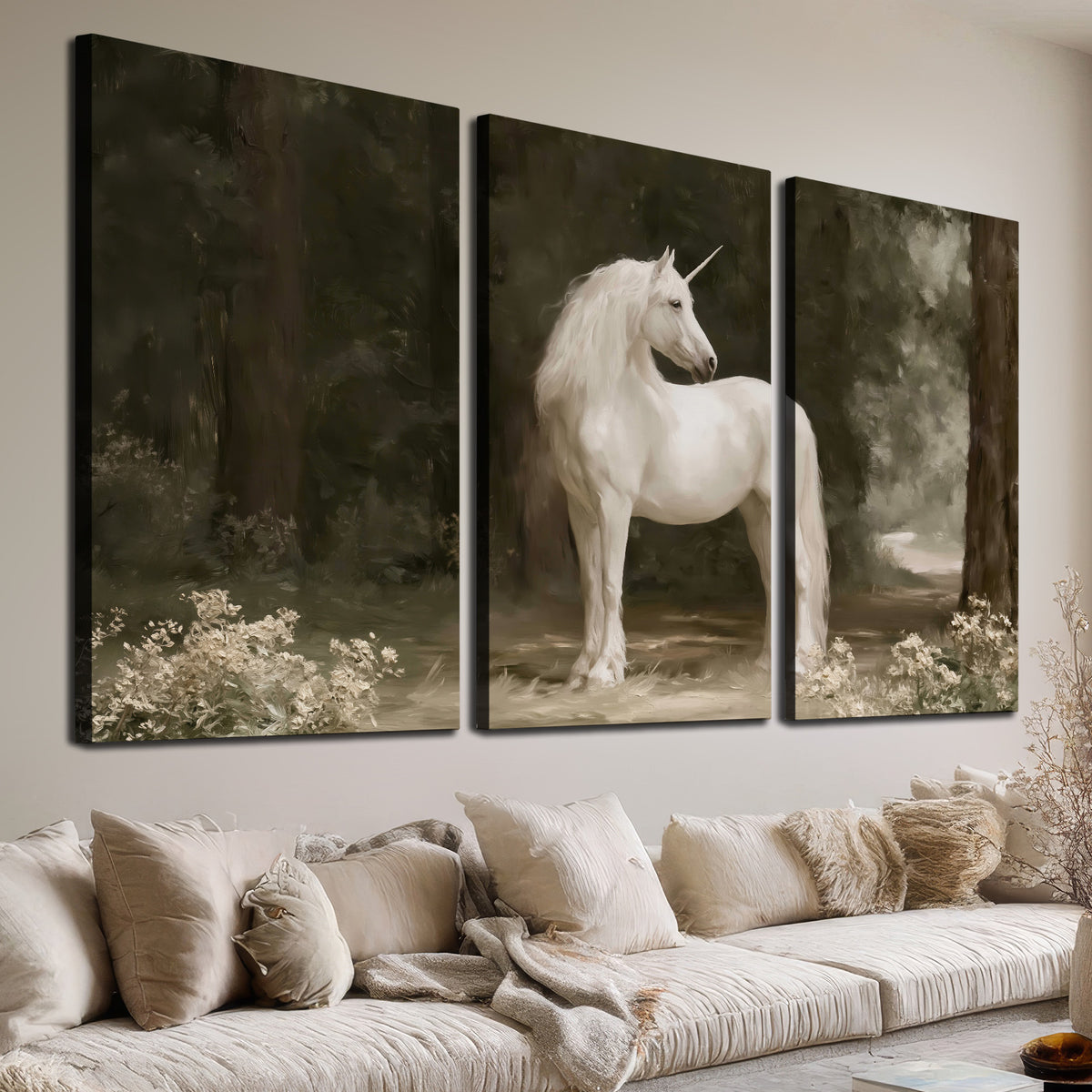 A white unicorn standing in a shadowed forest clearing among dark tree trunks 3 piece canvas wall art room and product view