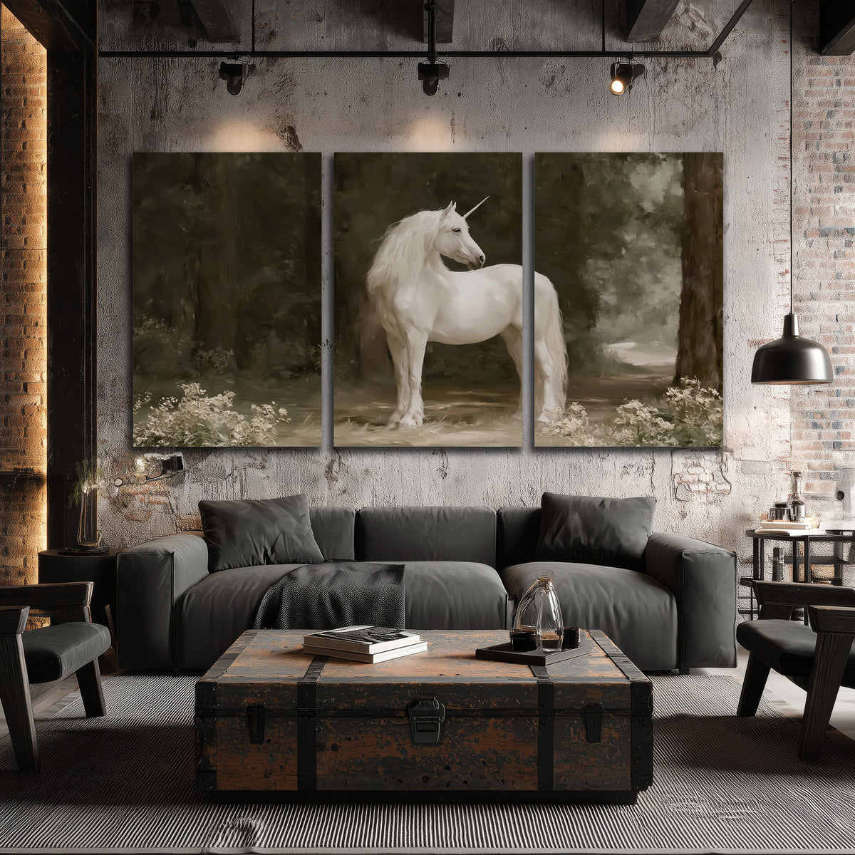 A white unicorn standing in a shadowed forest clearing among dark tree trunks 3 piece canvas wall art displayed in a industrial room