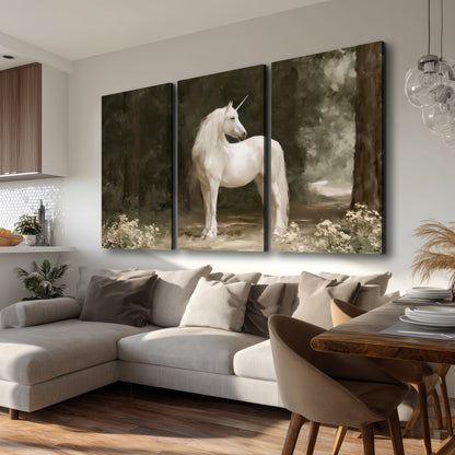 A white unicorn standing in a shadowed forest clearing among dark tree trunks 3 piece canvas wall art room and product view