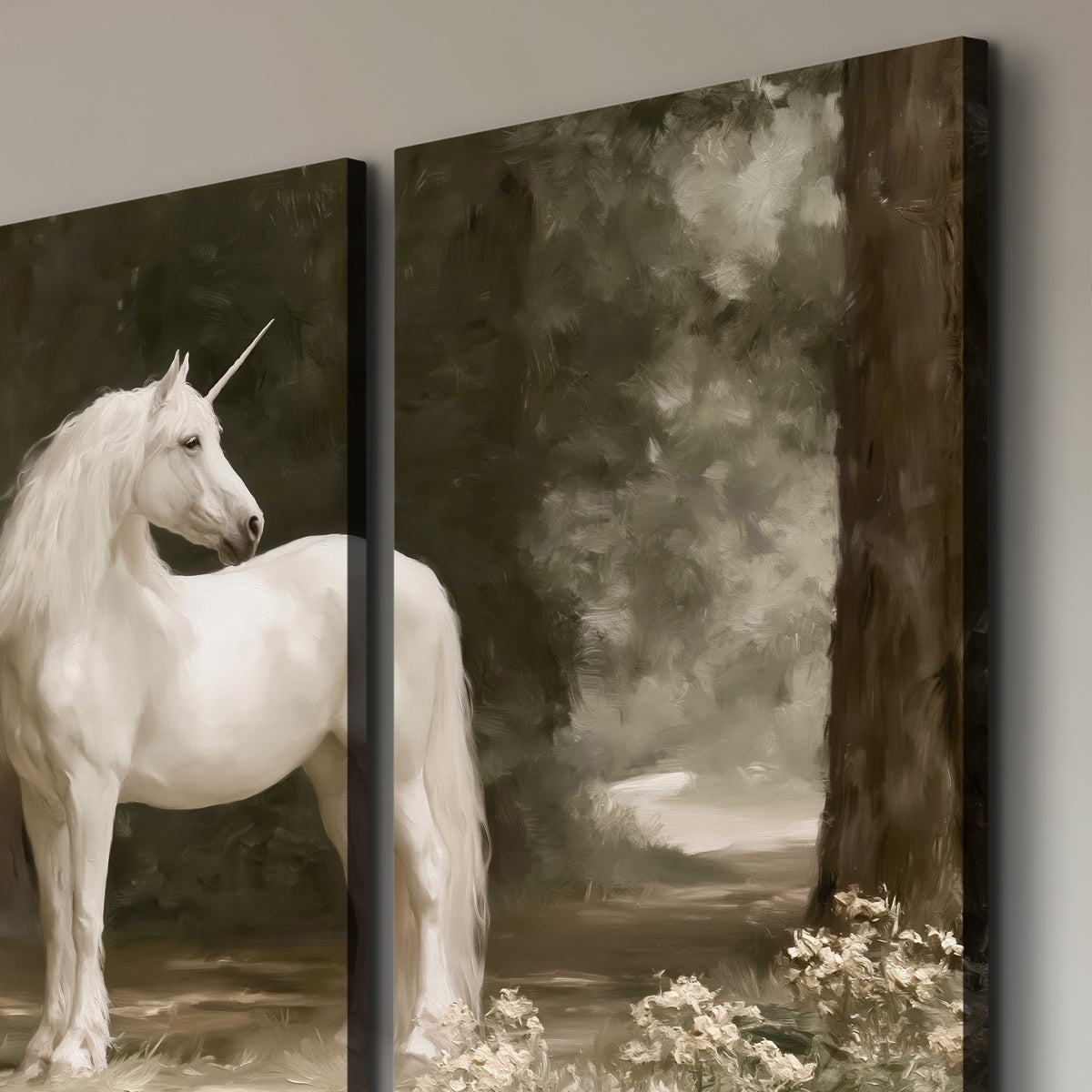 A white unicorn standing in a shadowed forest clearing among dark tree trunks 3 piece canvas wall art room and product view