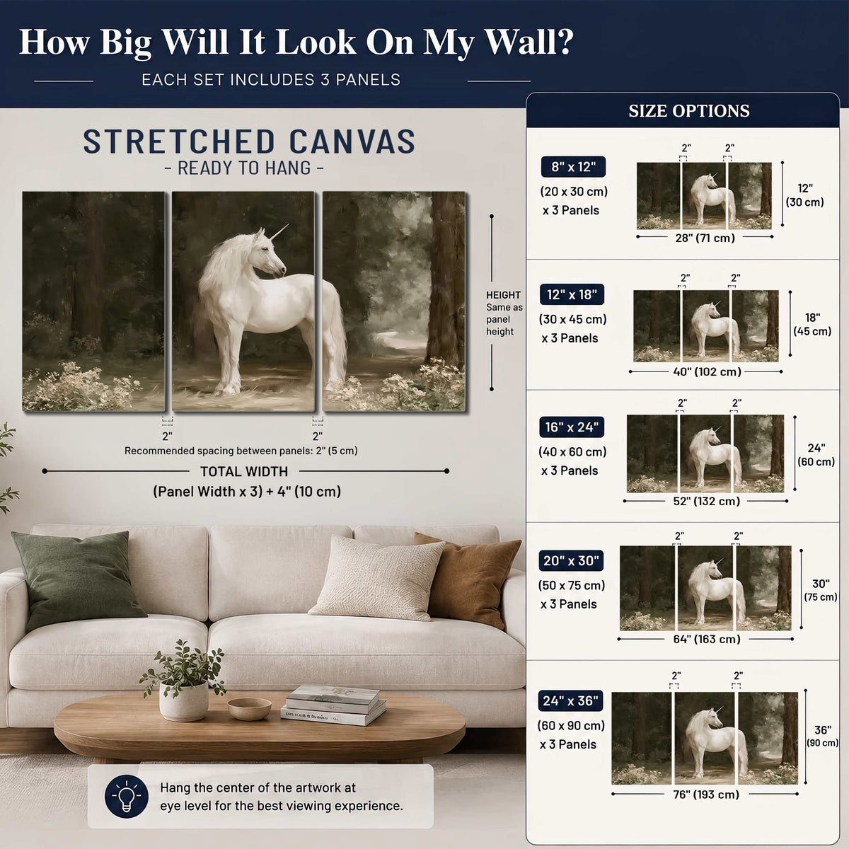 A white unicorn standing in a shadowed forest clearing among dark tree trunks 3 piece canvas wall art size guide above a sofa; room view is illustrative