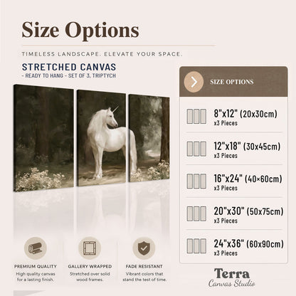 A white unicorn standing in a shadowed forest clearing among dark tree trunks 3 piece canvas wall art available dimensions; triptych dimensions are per panel