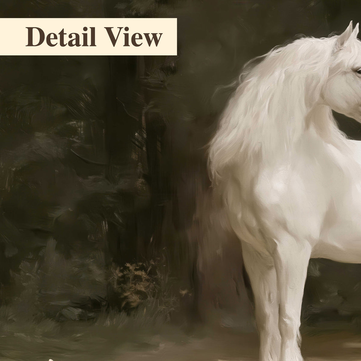A white unicorn standing in a shadowed forest clearing among dark tree trunks 3 piece canvas wall art artwork detail close up