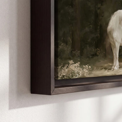 A white unicorn standing in a shadowed forest clearing among dark tree trunks 3 piece framed canvas wall art material and edge close up