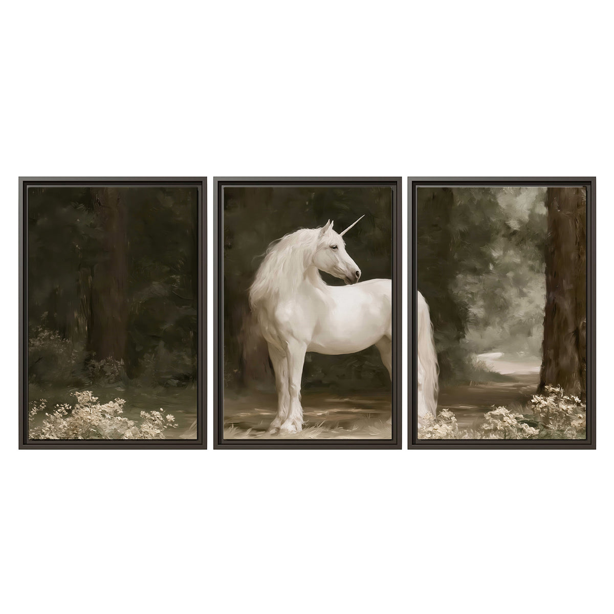 A white unicorn standing in a shadowed forest clearing among dark tree trunks 3 piece framed canvas wall art viewed straight on