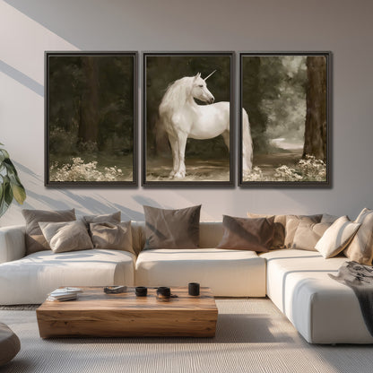 A white unicorn standing in a shadowed forest clearing among dark tree trunks 3 piece framed canvas wall art displayed in a living room
