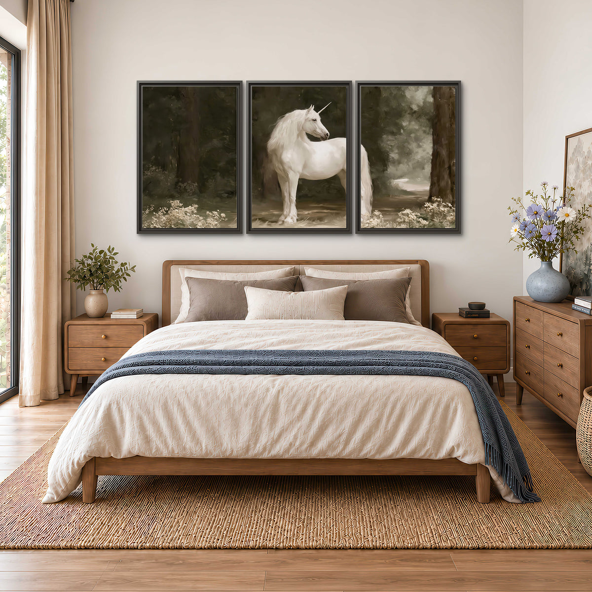 A white unicorn standing in a shadowed forest clearing among dark tree trunks 3 piece framed canvas wall art styled in an interior