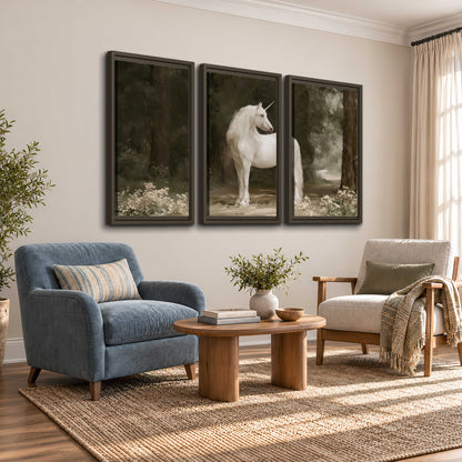 A white unicorn standing in a shadowed forest clearing among dark tree trunks 3 piece framed canvas wall art styled in an interior