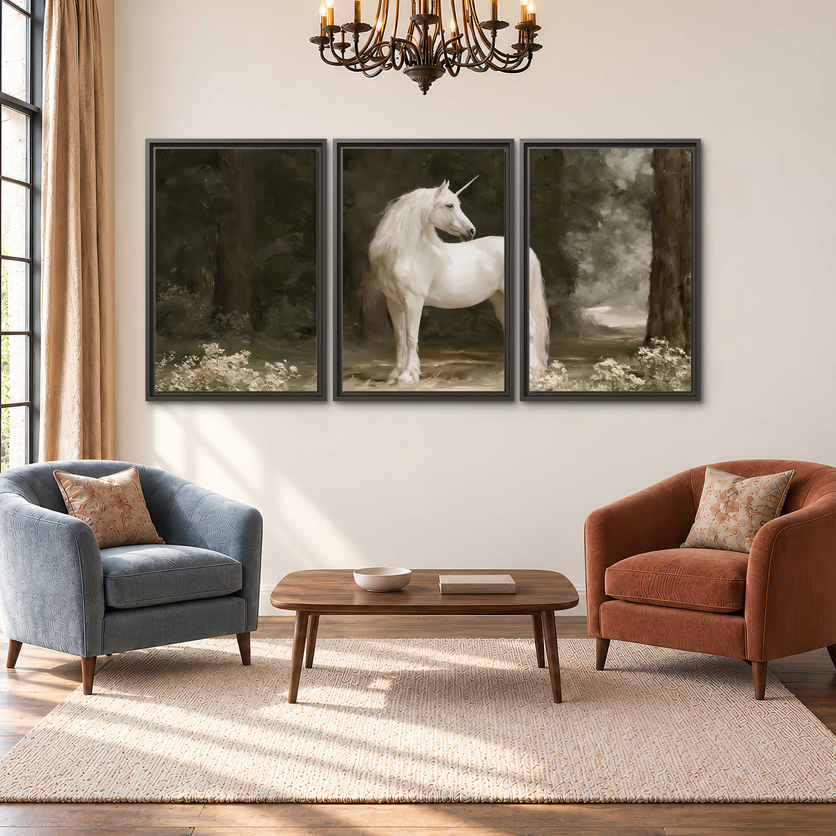 A white unicorn standing in a shadowed forest clearing among dark tree trunks 3 piece framed canvas wall art styled in an interior