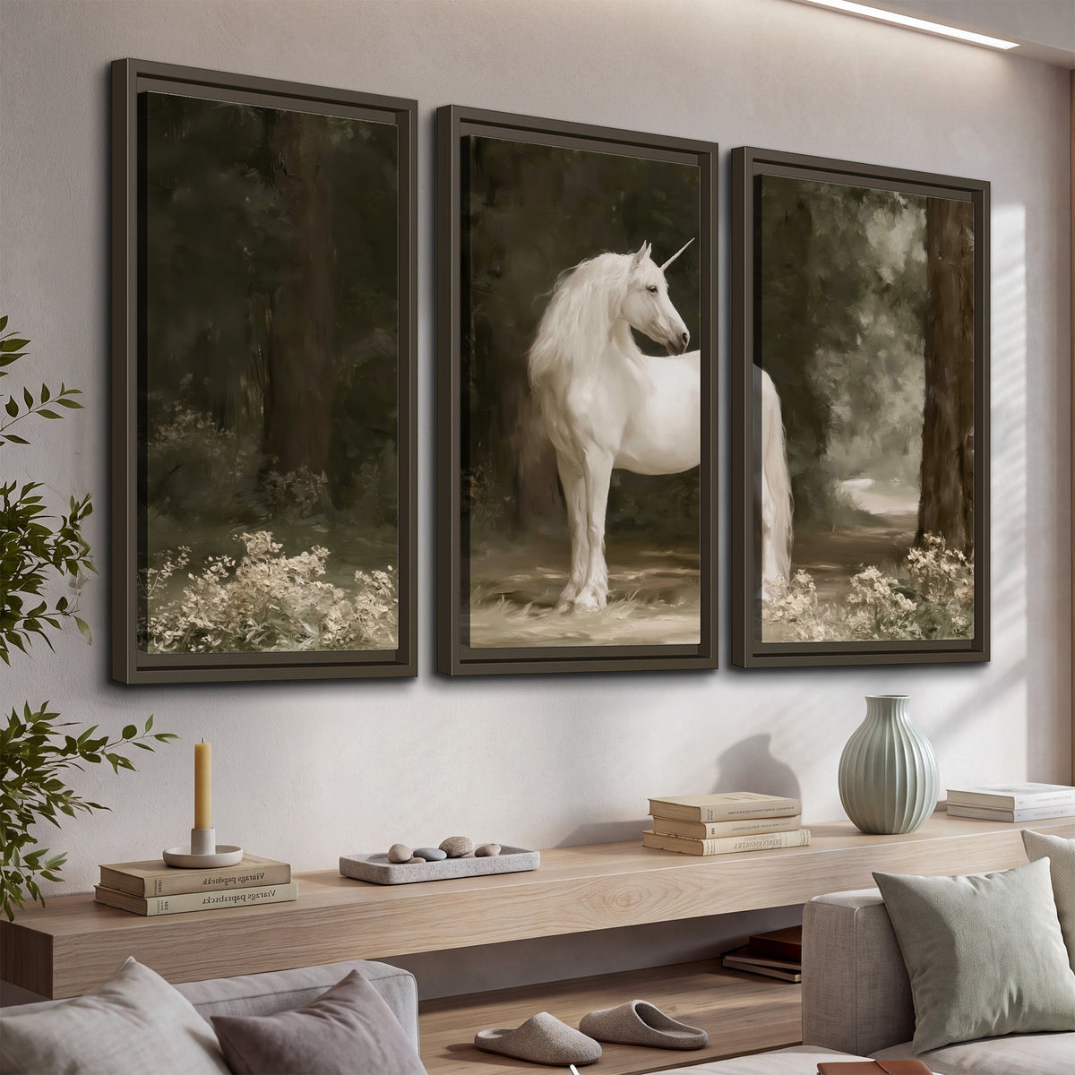 A white unicorn standing in a shadowed forest clearing among dark tree trunks 3 piece framed canvas wall art displayed in a console