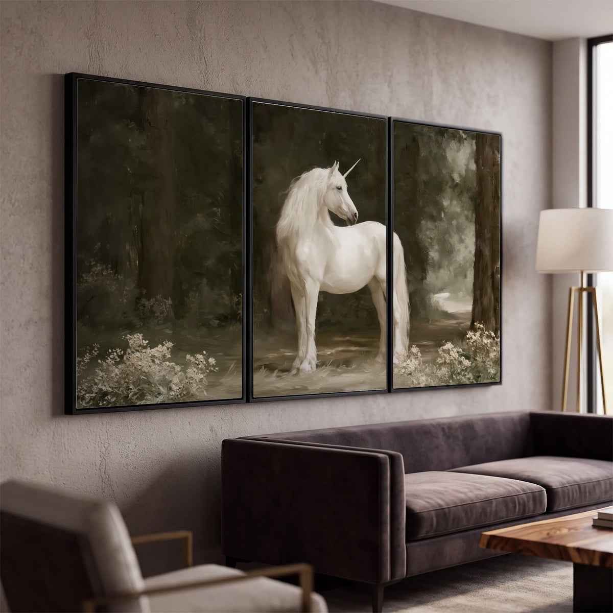 A white unicorn standing in a shadowed forest clearing among dark tree trunks 3 piece framed canvas wall art displayed in a modern living room