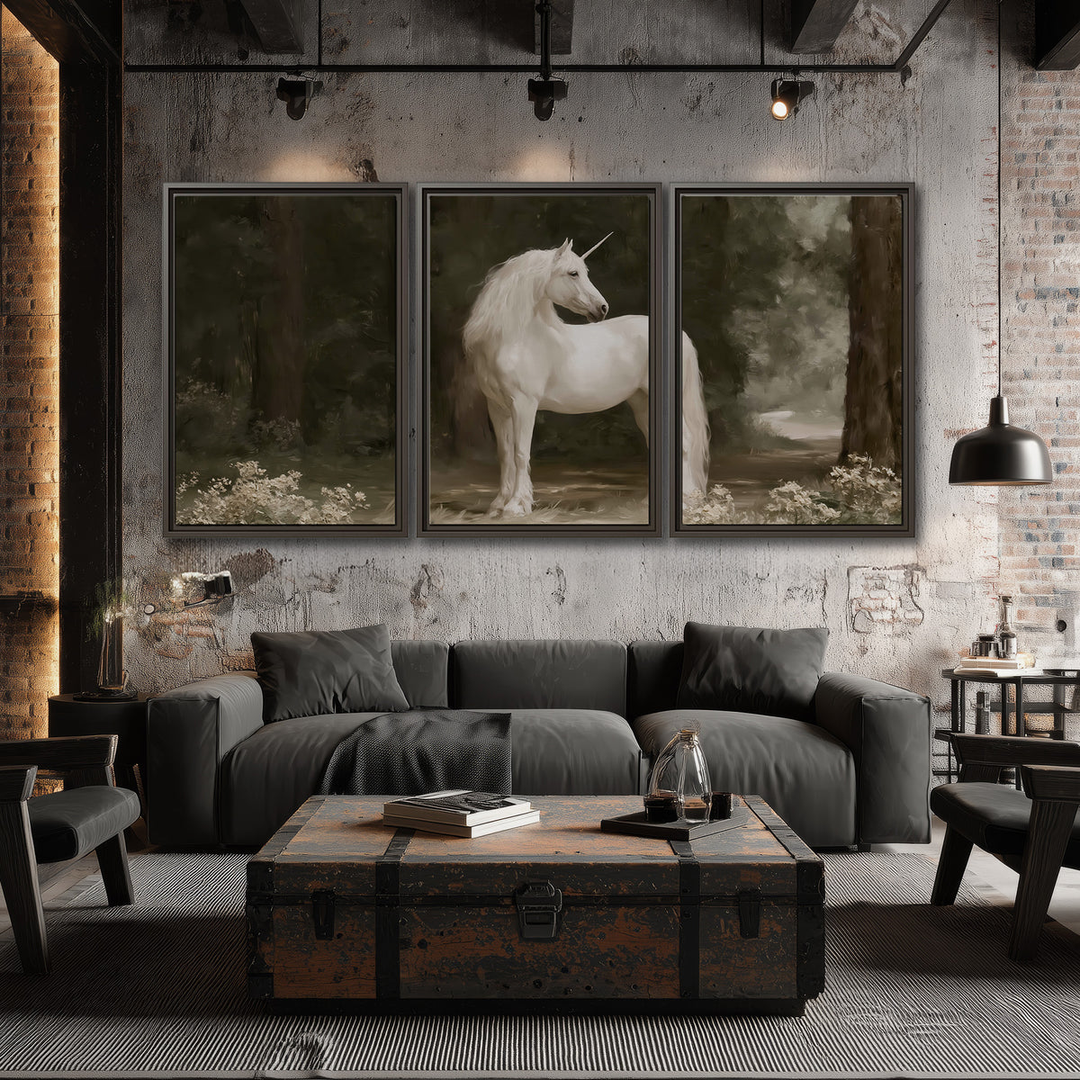 A white unicorn standing in a shadowed forest clearing among dark tree trunks 3 piece framed canvas wall art displayed in a industrial room