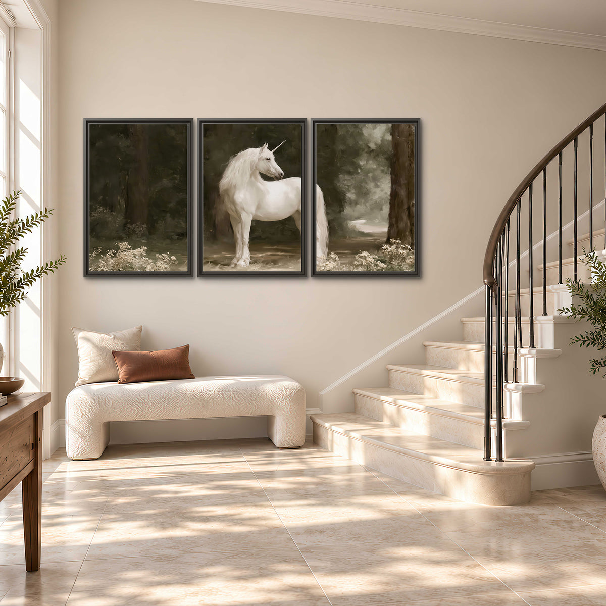 A white unicorn standing in a shadowed forest clearing among dark tree trunks 3 piece framed canvas wall art styled in an interior