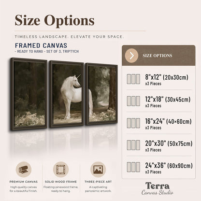 A white unicorn standing in a shadowed forest clearing among dark tree trunks 3 piece framed canvas wall art available dimensions; triptych dimensions are per panel
