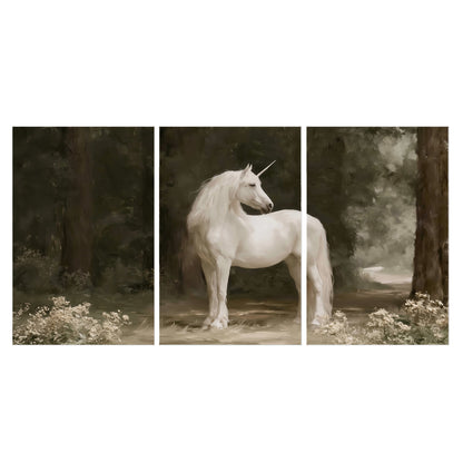 A white unicorn standing in a shadowed forest clearing among dark tree trunks set of 3 poster prints viewed straight on