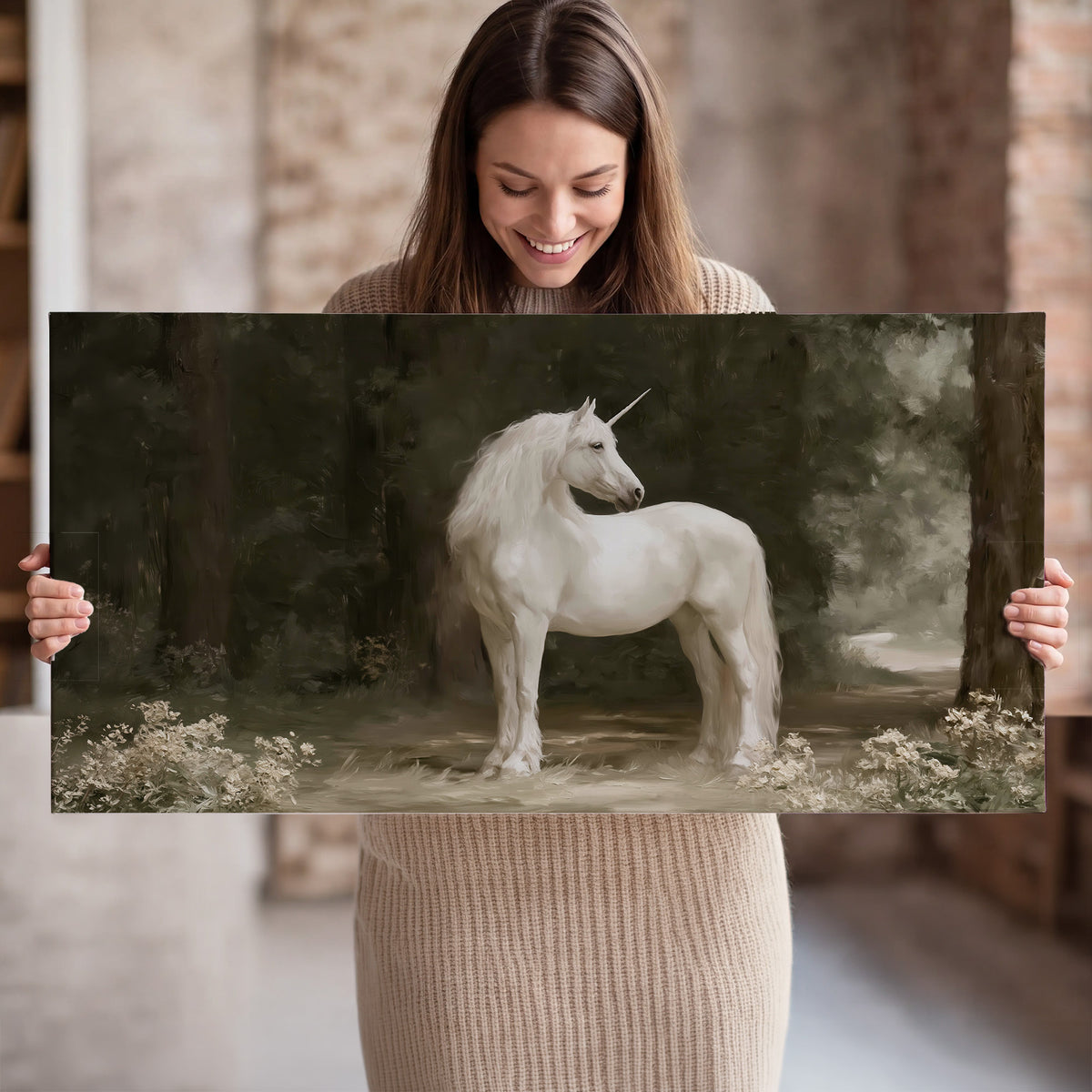 A white unicorn standing in a shadowed forest clearing among dark tree trunks single canvas wall art held in hands
