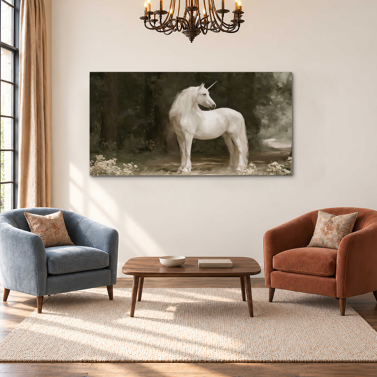 A white unicorn standing in a shadowed forest clearing among dark tree trunks single canvas wall art styled in an interior
