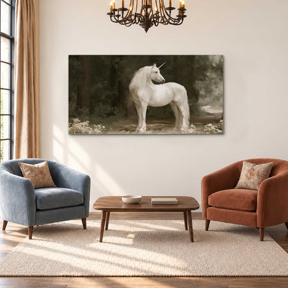A white unicorn standing in a shadowed forest clearing among dark tree trunks single canvas wall art styled in an interior