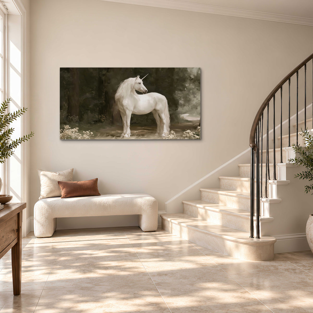 A white unicorn standing in a shadowed forest clearing among dark tree trunks single canvas wall art styled in an interior