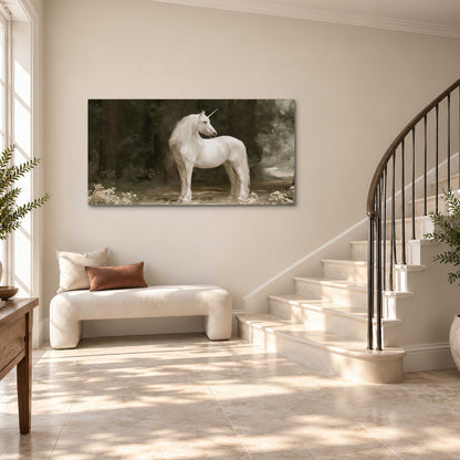 A white unicorn standing in a shadowed forest clearing among dark tree trunks single canvas wall art styled in an interior