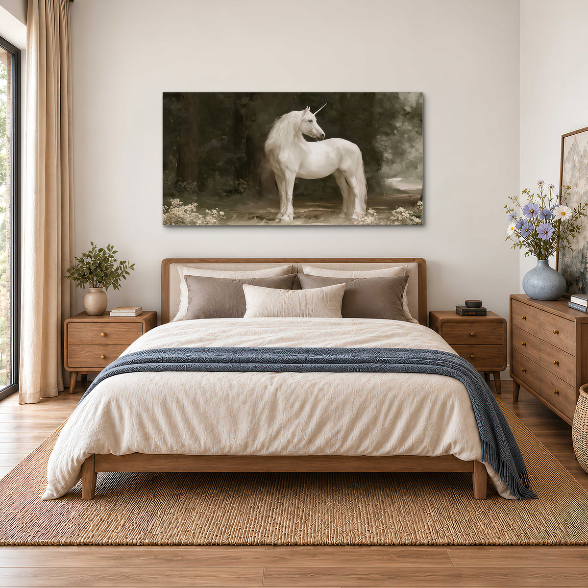 A white unicorn standing in a shadowed forest clearing among dark tree trunks single canvas wall art styled in an interior