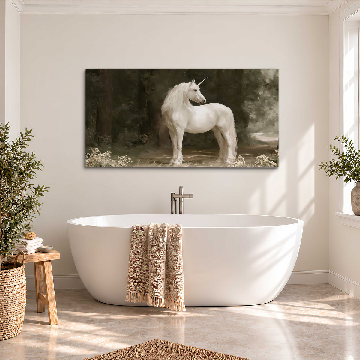 A white unicorn standing in a shadowed forest clearing among dark tree trunks single canvas wall art styled in an interior