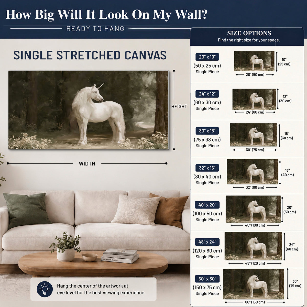 A white unicorn standing in a shadowed forest clearing among dark tree trunks single canvas wall art size guide above a sofa; room view is illustrative