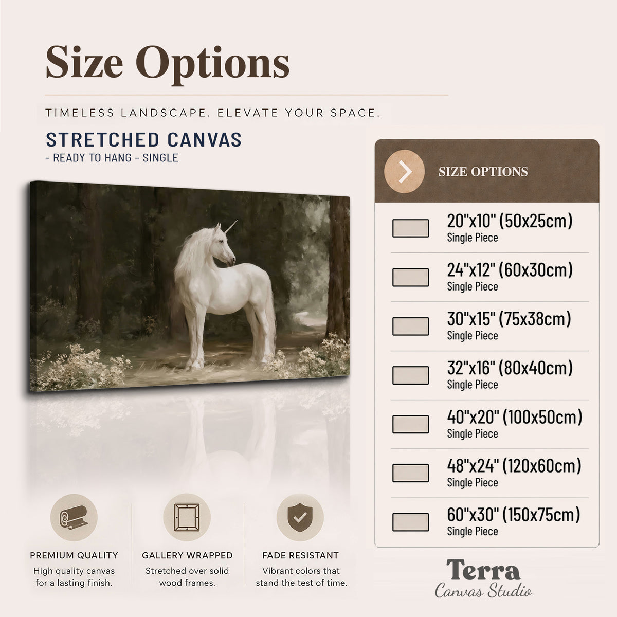 A white unicorn standing in a shadowed forest clearing among dark tree trunks single canvas wall art available dimensions