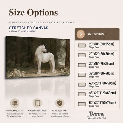 A white unicorn standing in a shadowed forest clearing among dark tree trunks single canvas wall art available dimensions