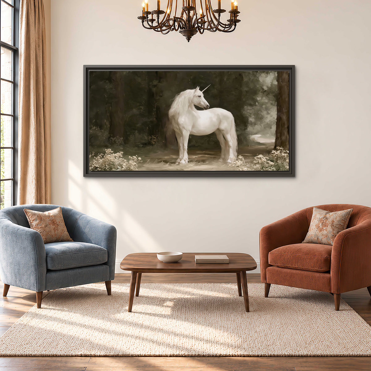 A white unicorn standing in a shadowed forest clearing among dark tree trunks single framed canvas wall art styled in an interior