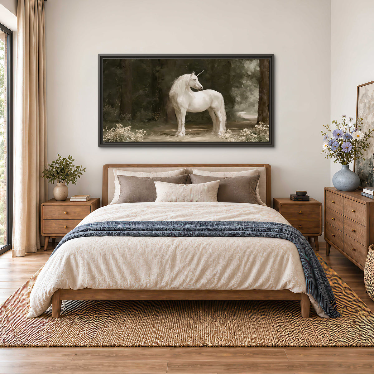 A white unicorn standing in a shadowed forest clearing among dark tree trunks single framed canvas wall art styled in an interior