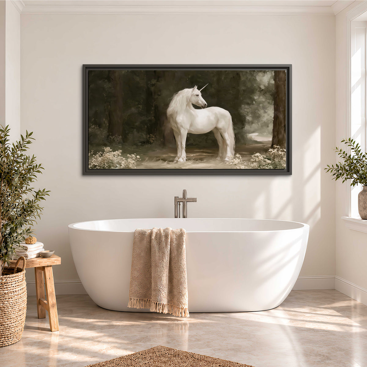 A white unicorn standing in a shadowed forest clearing among dark tree trunks single framed canvas wall art styled in an interior